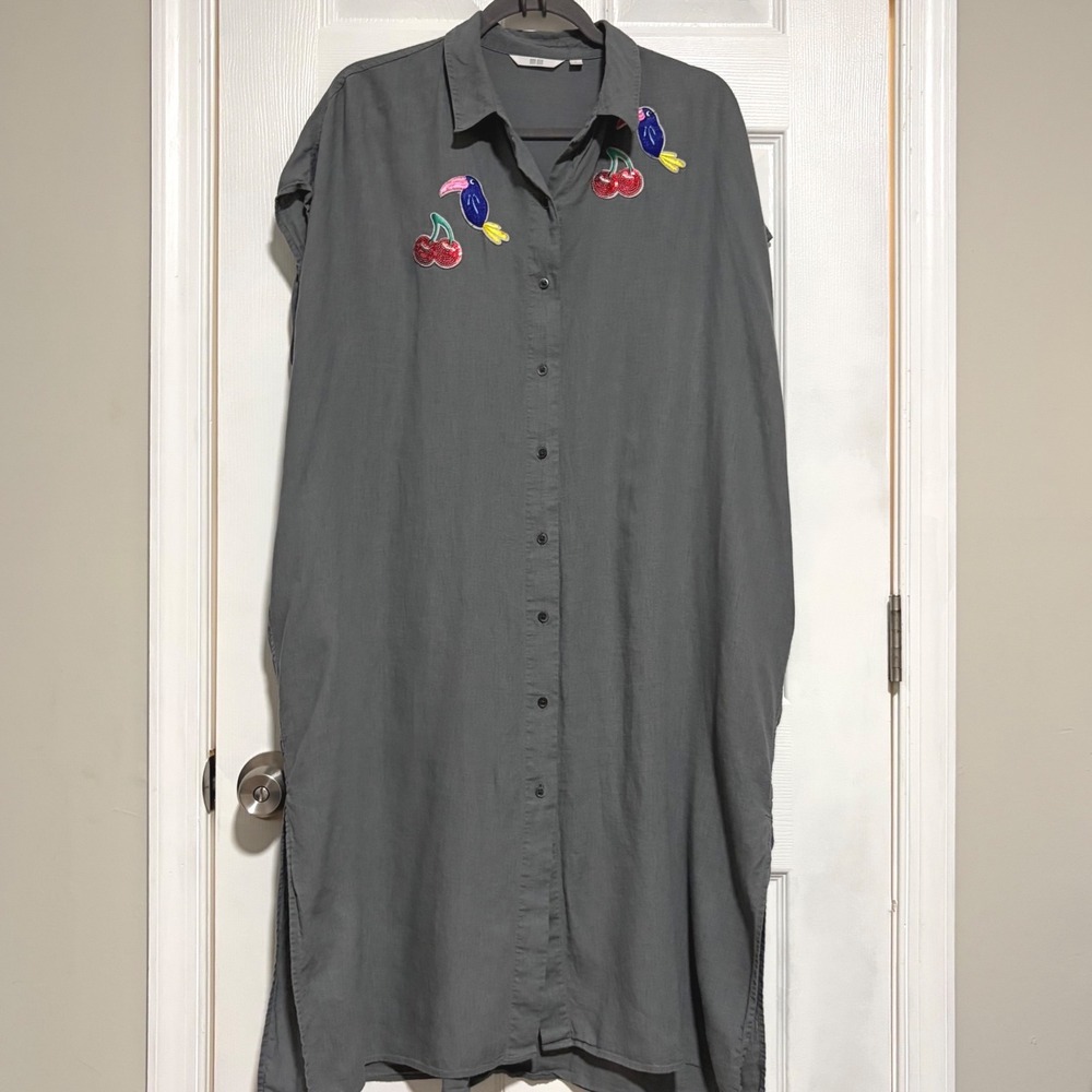 Uniqlo Linen Blend Short Sleeve Shirt Dress Charcoal Gray Midi Pockets 417748